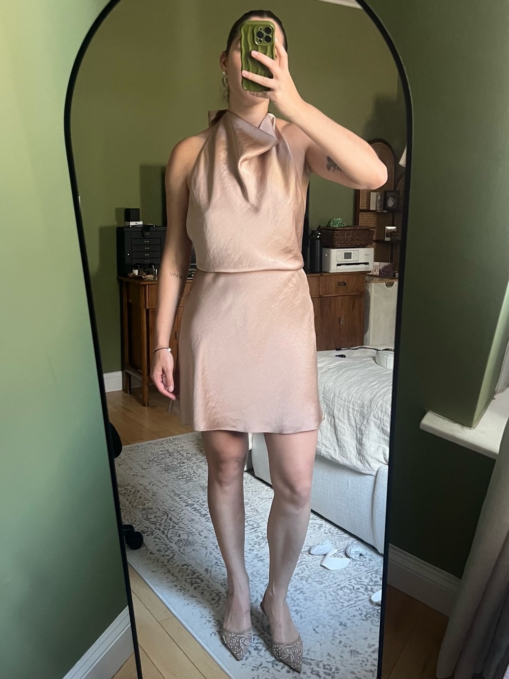 Satin Halter Mini Dress in Gold - Aritzia